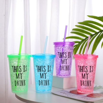 Candy Color Plastic Water Bottle Summer Double Layer With Straw Mug 450ml Slide Lid Refrigerated Crushed Ice Cup